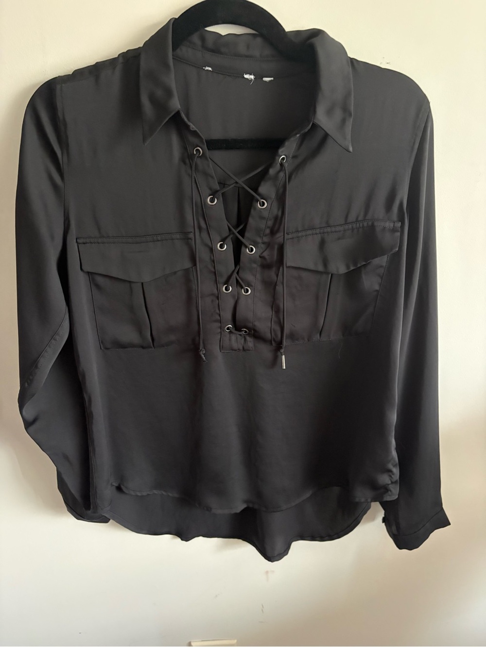 Black Lace-Up Satin Pullover Blouse